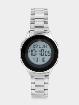 MX Silver Plated Round Black Digital Bracelet Watch