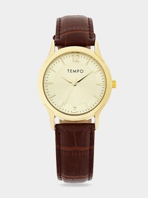 Tempo Ladies Gold Toned Brown Leather Watch