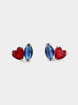 Sterling Silver Red & Blue Cubic Zirconia Two-Stone Stud Earrings