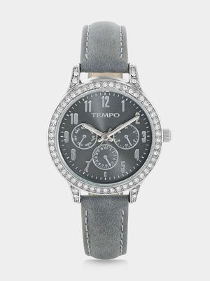 Tempo Silver Plated Gunmetal Dial Grey Leather Watch