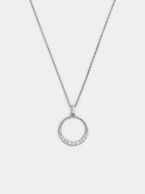 Sterling Silver Diamond & Created Sapphire Modern Circle Pendant