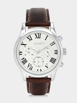 Tempo Silver Plated Beige Dial Brown Leather Watch