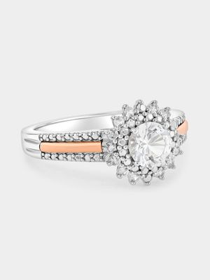 Rose Gold & Sterling Silver Diamond Round Sunflower Ring