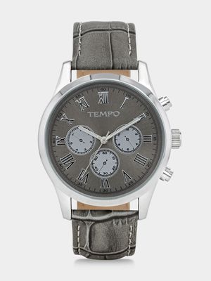 Tempo Silver Plated Grey Dial Grey Leather Watch