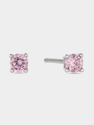 Sterling Silver Pink Cubic Zirconia Kid's Round Stud Earrings