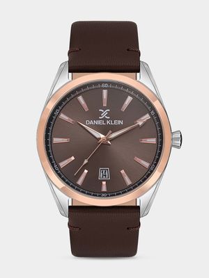 Daniel Klein Silver & Rose Plated Brown Dial Brown Leather Watch