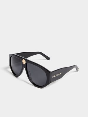 Fabiani Men's Black Oversized Aviator Logo Temple Sunglasses