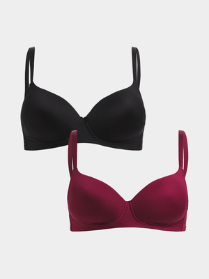 Jet Women's Black/Burgundy 2 Pack DD T-Shirt Bra