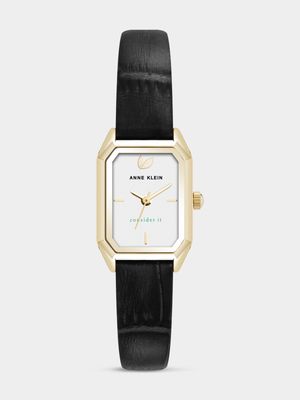 Anne Klein Rectangular Gold Plated Black Leather Watch