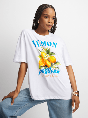 Women's White Oversized Graphic Print T-Shirt