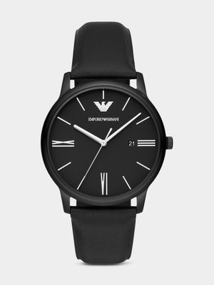 Emporio Armani Black Plated Stainless Steel Leather Watch