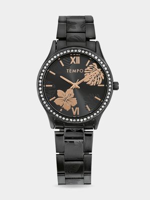 Tempo Ladies Black Tone Watch with Rose Gold Floral Detail and Crystals