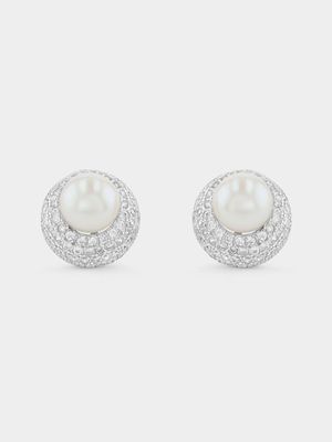 Sterling Silver Freshwater Pearl Double Halo Stud Earrings