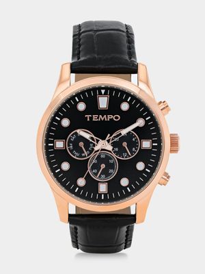 Tempo Rose Plated Black Dial Black Leather Watch