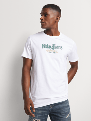 Men's Relay Jeans Slim Fit Gothic Slogan White Graphic T-Shirt