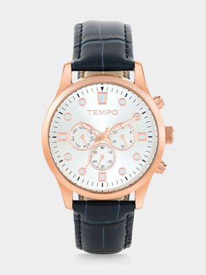 Tempo Rose Plated Silver Tone Dial Navy Leather Watch