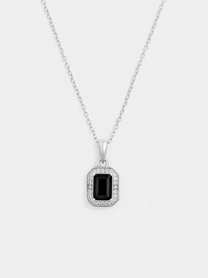 Sterling Silver Black Spinel & White Sapphire Rectangle Halo Pendant