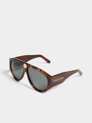 Fabiani Men's Brown Oversized Aviator Logo Temple Sunglasses