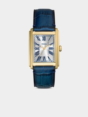 Fossil Carraway Gold Plated Stainless Steel Navy Leather Watch