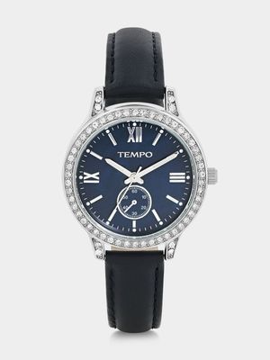 Tempo Silver Plated Navy Mother Of Pearl Dial Navy Leather Watch