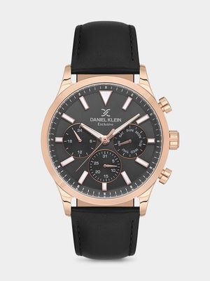 Daniel Klein Rose Plated Black Leather Chronographic Watch