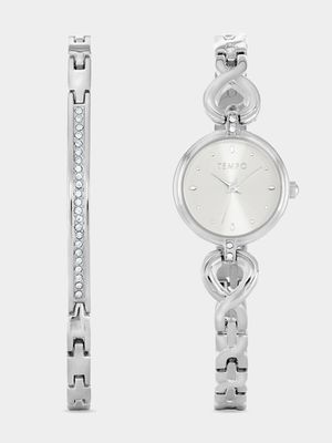 Tempo Silver Dial Silver Plated Crystal Watch 2 Piece Set