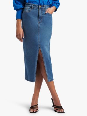 Women's Mid Wash Long Denim Skirt