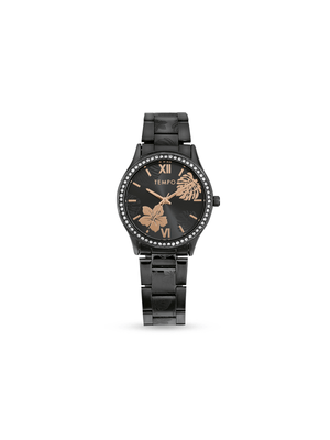 Tempo Ladies Black Tone Watch with Rose Gold Floral Detail and Crystals