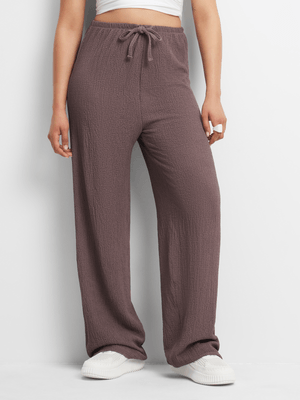 Women's Brown Textured Wide Leg Pull On Pants