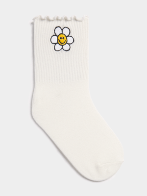 Women's White Flower Lettuce Edge Sock