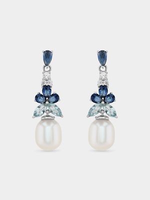 Sterling Silver Shell Pearl & Blue Cubic Zirconia Drop Earrings