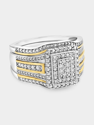 Yellow Gold & Sterling Silver Lab Grown Diamond Rectangle Triple Set Ring