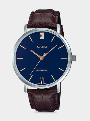 Casio Men's Blue Dial Brown Leather Watch