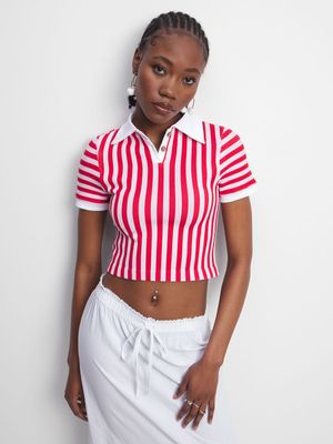 Women's Red & White Johnny Collar Top