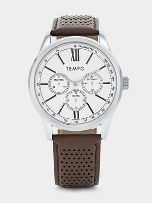 Tempo Men’s Silver Plated Beige Dial Brown Leather Watch