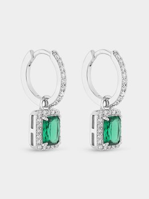 Sterling Silver Green Cubic Zirconia Rectangle Halo Drop Earrings