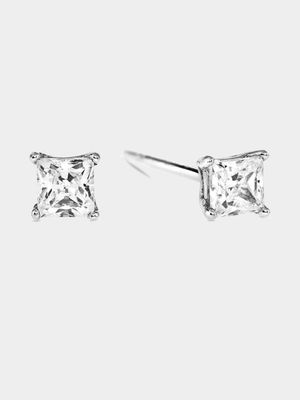 Sterling Silver Cubic Zirconia Kid's Square Stud Earrings