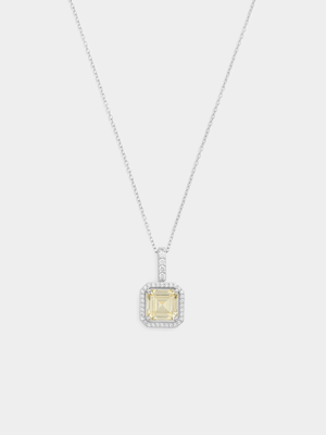 Sterling Silver Yellow Cubic Zirconia Cushion Halo Pendant