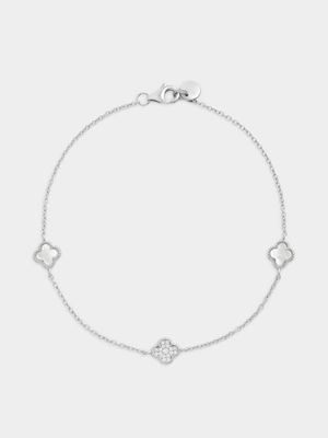 Sterling Silver Mother Of Pearl & Cubic Zirconia Clover Bracelet