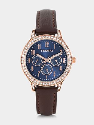 Tempo Rose Plated Navy Dial Brown Leather Watch