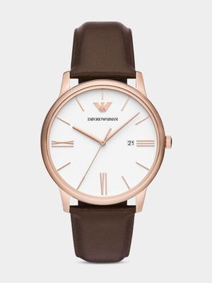 Emporio Armani Rose Plated Stainless Steel Brown Leather Watch