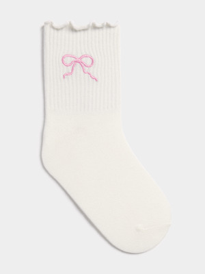 Women's White Bow Lettuce Edge Sock