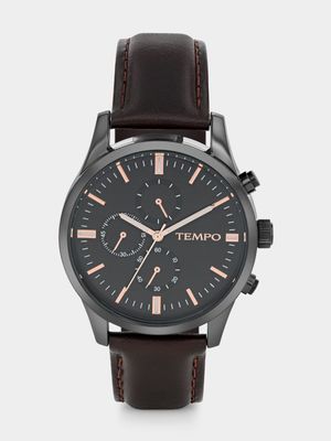 Tempo Black Plated Black Dial Brown Leather Watch