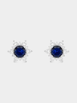 Sterling Silver Diamond & Blue Sapphire Flower Stud Earring