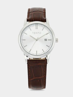 Tempo Men's Silver Toned Brown Leather Watch With Date Function