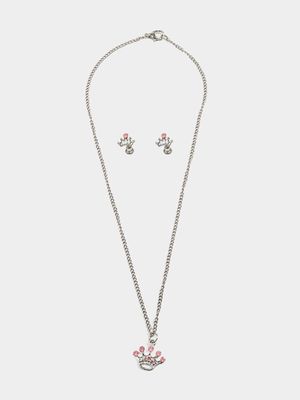 Girl's Silver Crown Necklace & Earrings Set