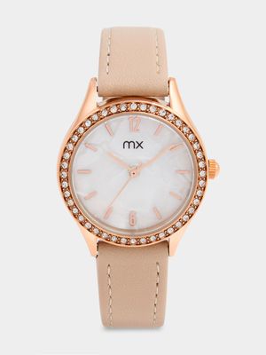 MX Rose Plated Mother Of Pearl Dial Tan Faux Leather Watch