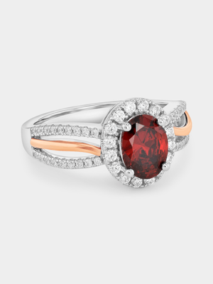 Rose Gold & Sterling Silver Red Cubic Zirconia Oval Halo Ring