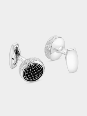 Silver & Black Plated Round Globe Etched Cufflinks