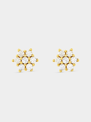 Yellow Gold & Sterling Silver Cubic Zirconia Flower Cluster Stud Earrings